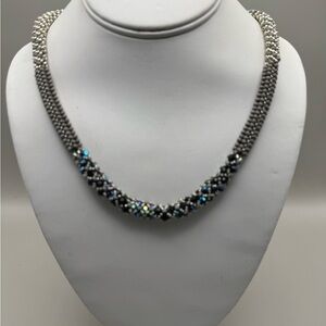 Silver Crystal Cluster Necklace with Blue Accents